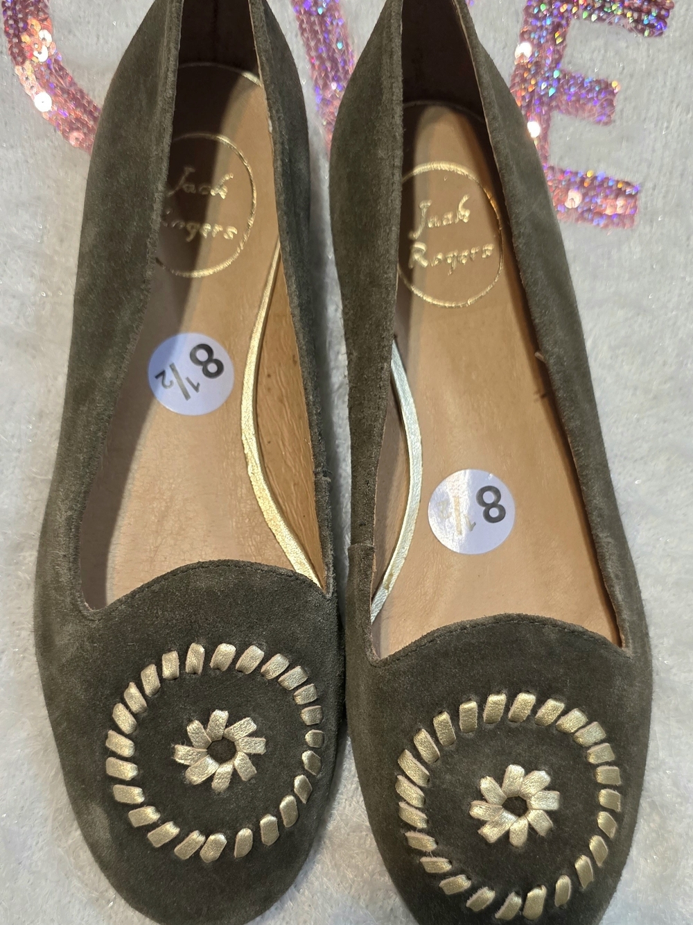 Jack Rogers Olive Suede Ballet Flats with Gold Stitching